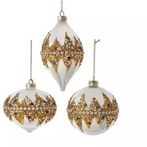 White Gold Ball Finial Onion Jeweled Glass Ornament 4" Set 3 Christmas
